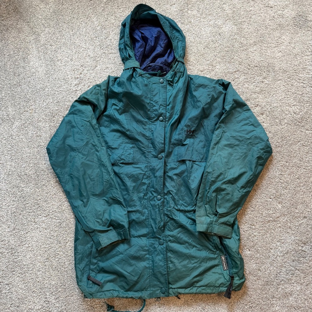 Helly Hansen Mens Packable Rain Jacket Teal Green Hooded Windbreaker Medium